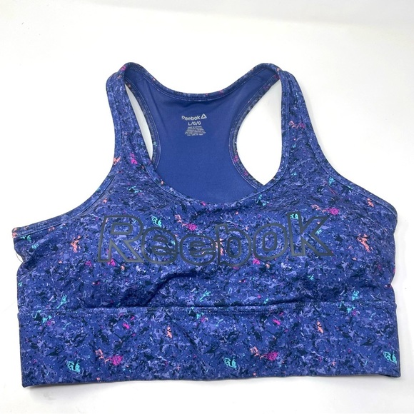 Reebok Woman’s Renew Long lined printed Sport Bra Removable Cups Blue Large - Picture 2 of 7